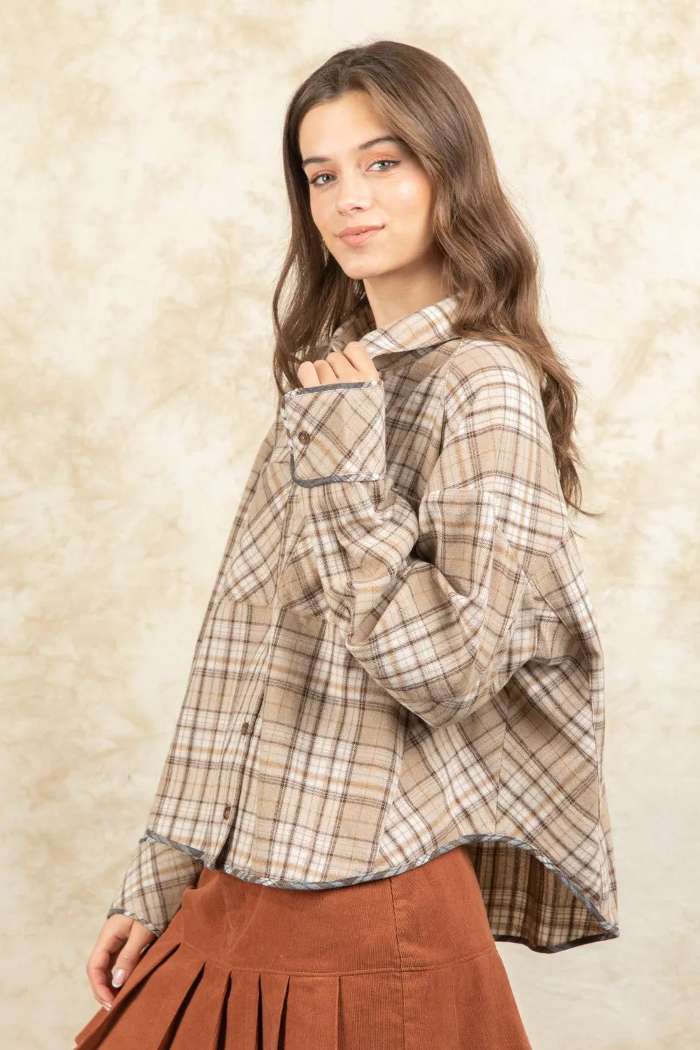 Cuff Detail Plaid Oversized Button Up Shirt