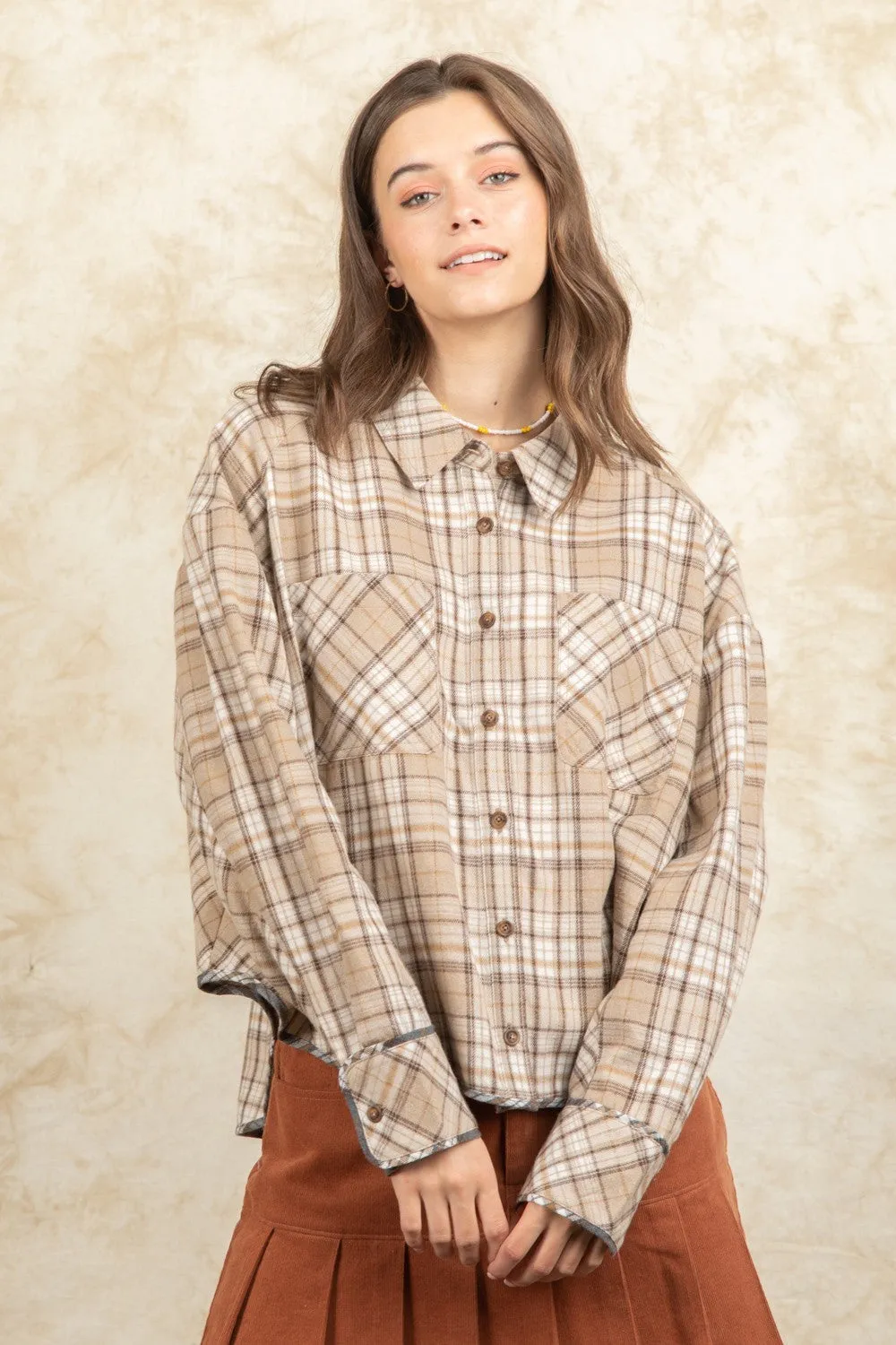 Cuff Detail Plaid Oversized Button Up Shirt