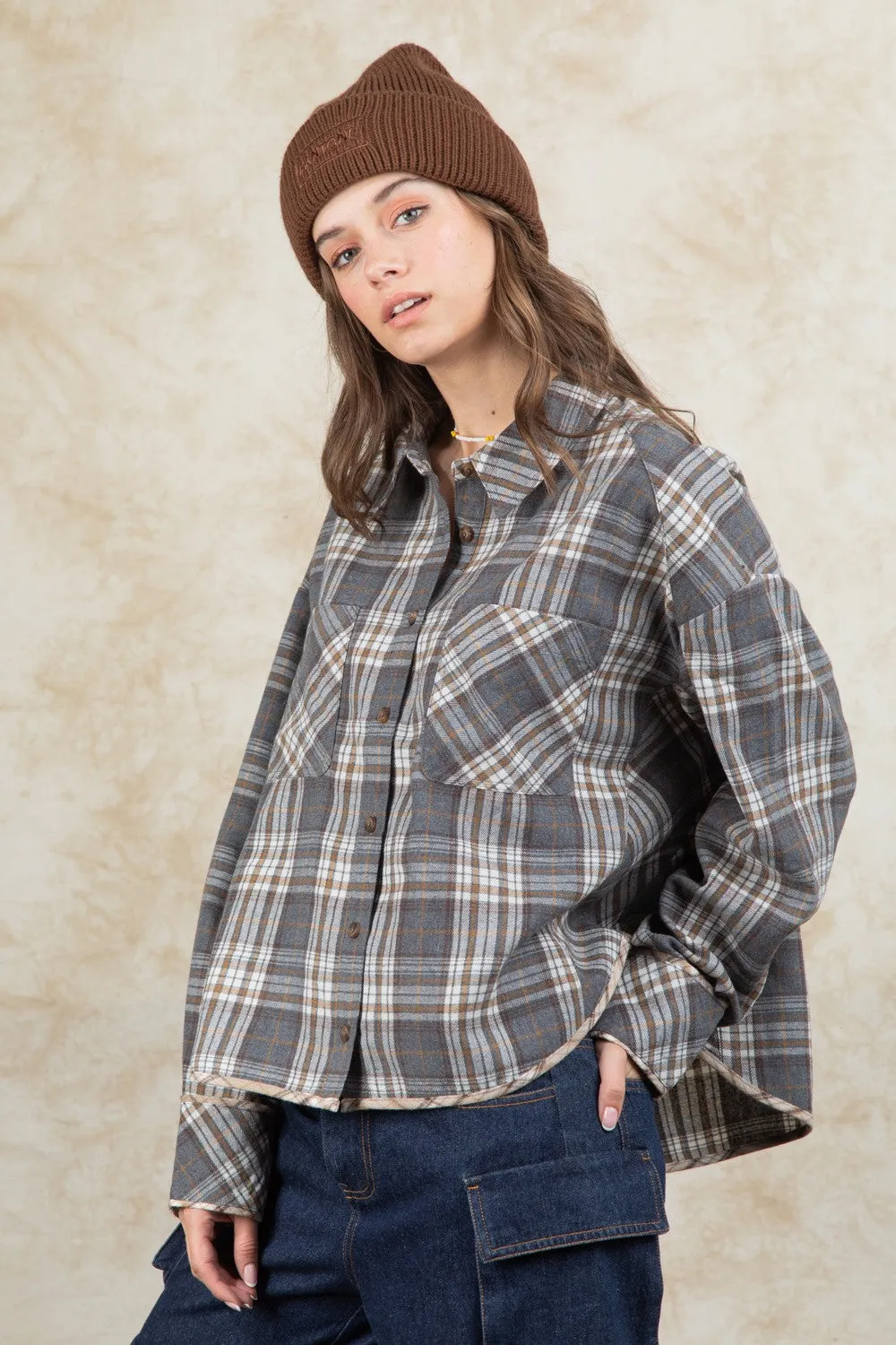 Cuff Detail Plaid Oversized Button Up Shirt