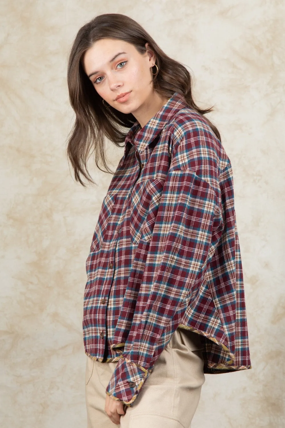 Cuff Detail Plaid Oversized Button Up Shirt
