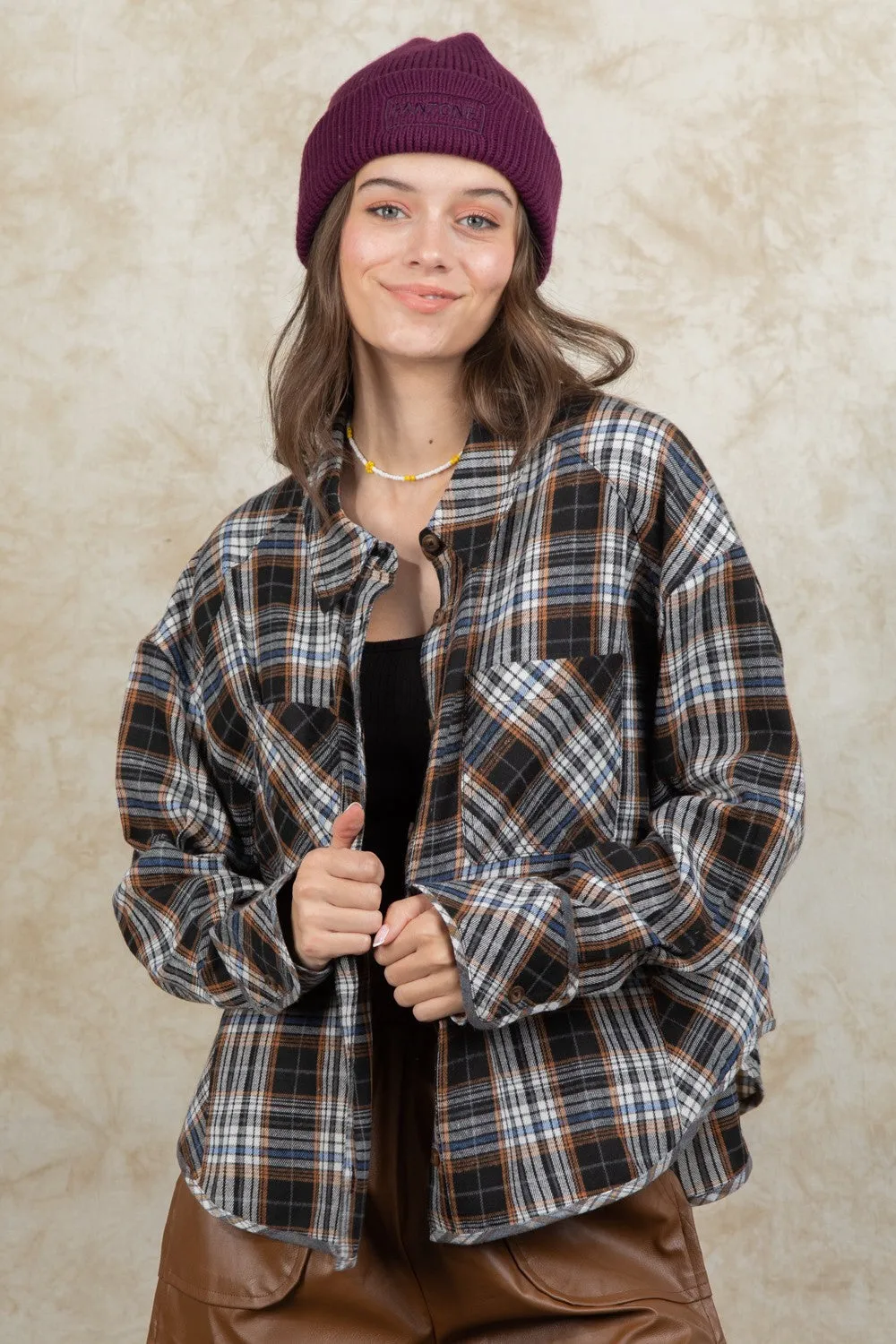 Cuff Detail Plaid Oversized Button Up Shirt