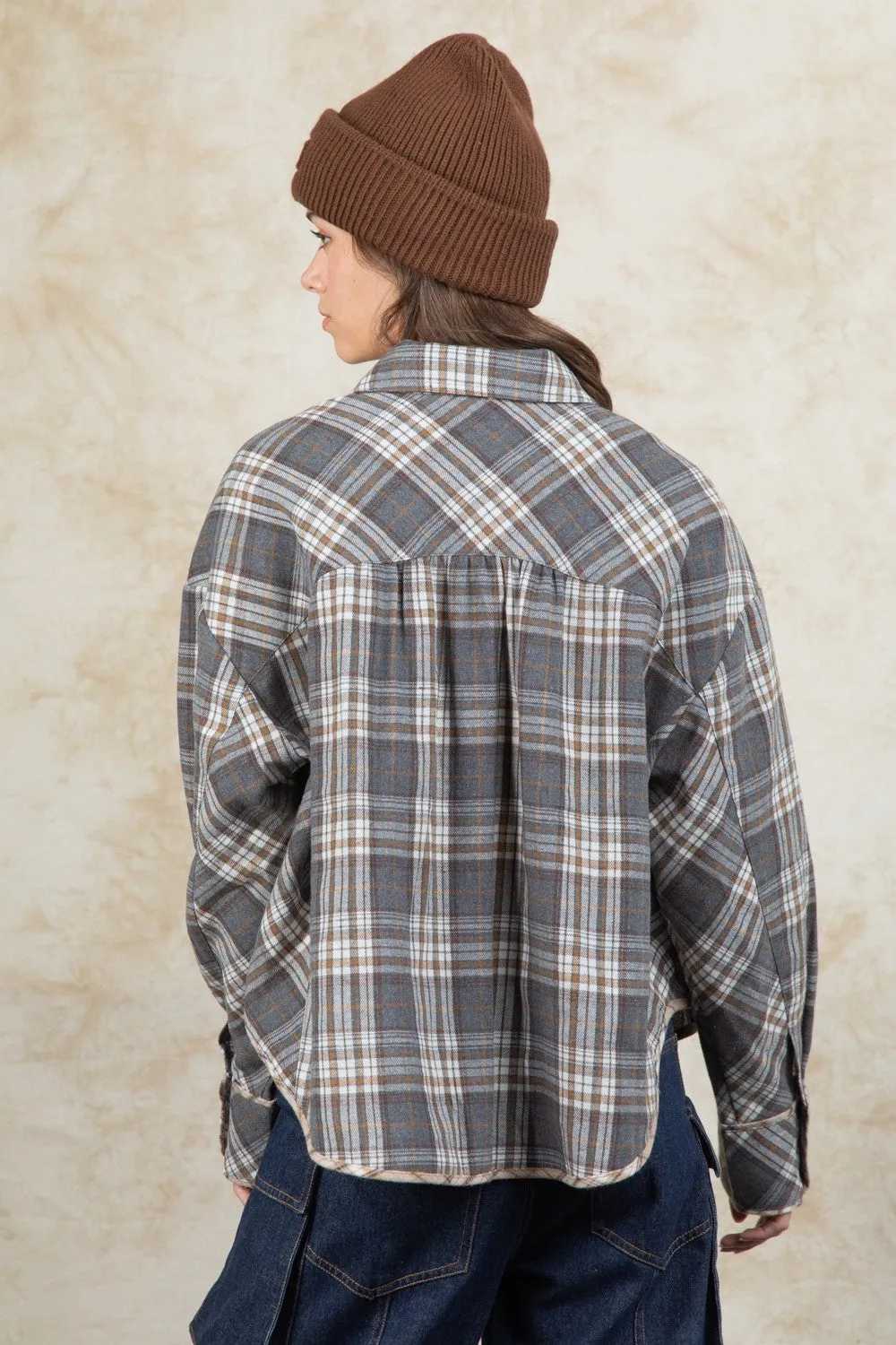 Cuff Detail Plaid Oversized Button Up Shirt