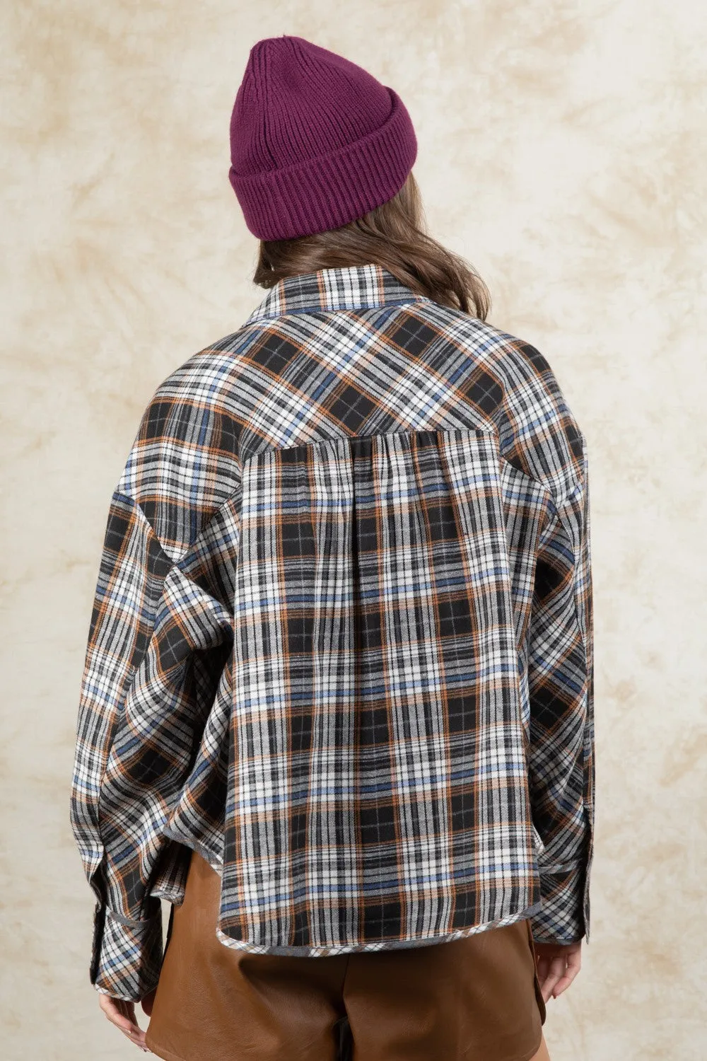 Cuff Detail Plaid Oversized Button Up Shirt