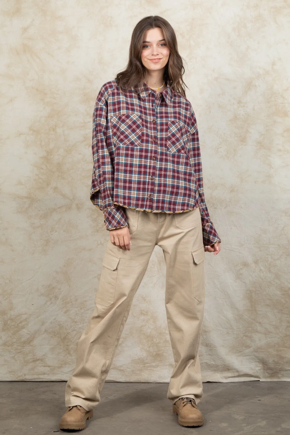 Cuff Detail Plaid Oversized Button Up Shirt