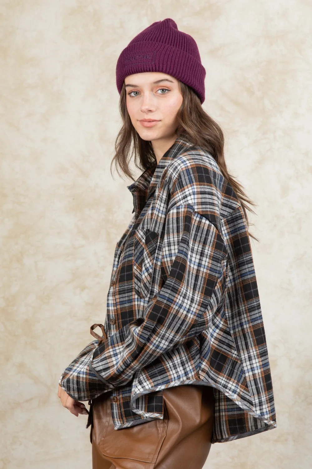 Cuff Detail Plaid Oversized Button Up Shirt