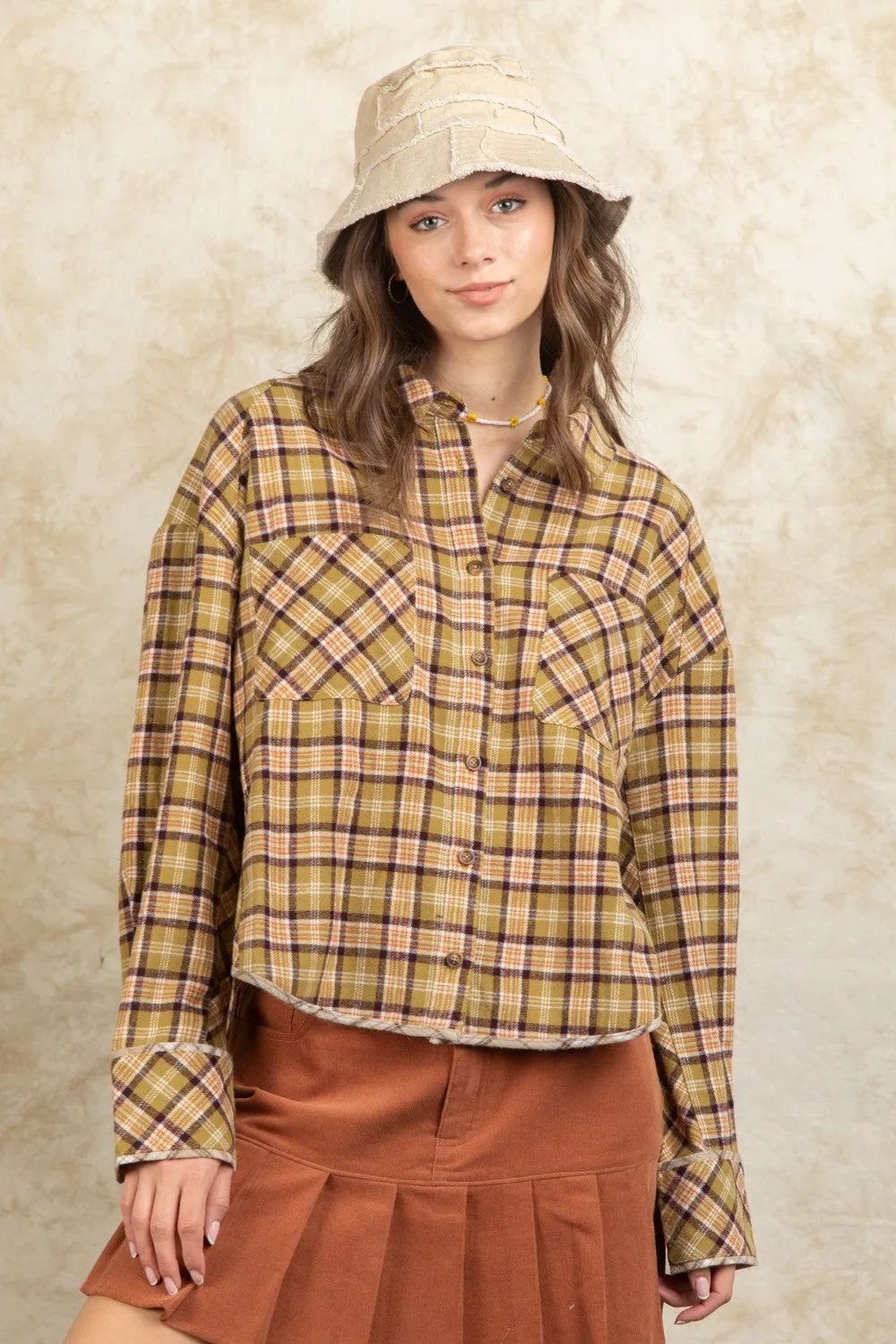 Cuff Detail Plaid Oversized Button Up Shirt