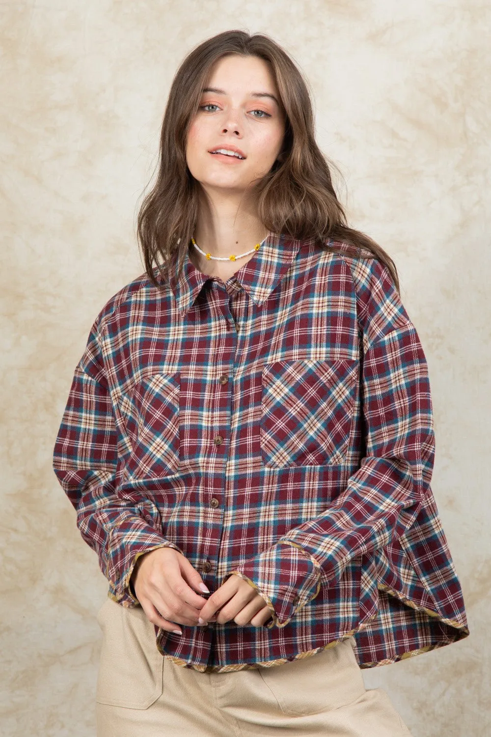 Cuff Detail Plaid Oversized Button Up Shirt