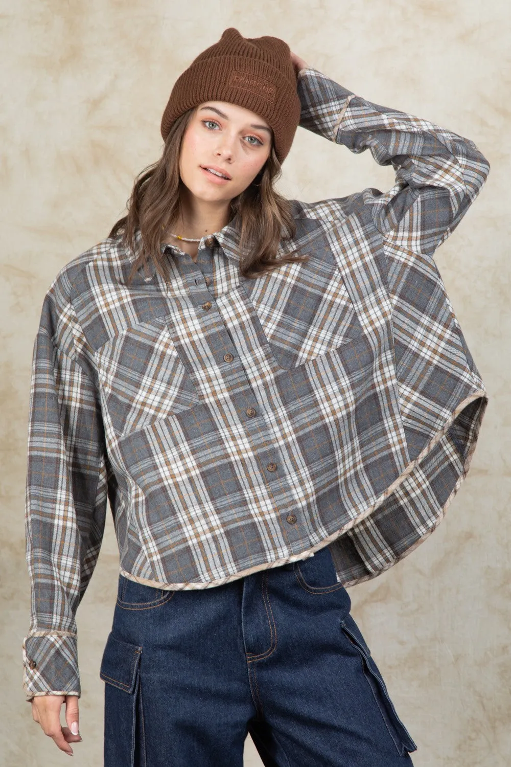 Cuff Detail Plaid Oversized Button Up Shirt