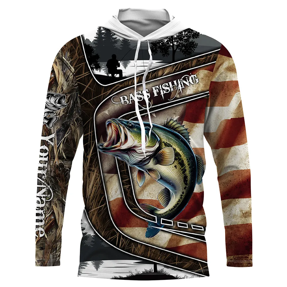 Custom American Flag patriotic Bass Fishing Jerseys, Personalized camo Bass fishing Long sleeve shirts NQS4856
