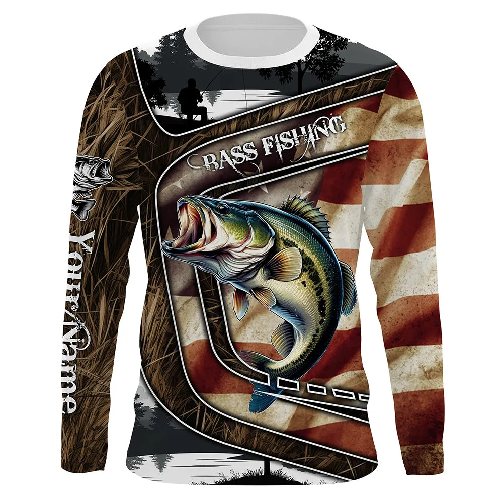 Custom American Flag patriotic Bass Fishing Jerseys, Personalized camo Bass fishing Long sleeve shirts NQS4856