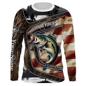 Custom American Flag patriotic Bass Fishing Jerseys, Personalized camo Bass fishing Long sleeve shirts NQS4856