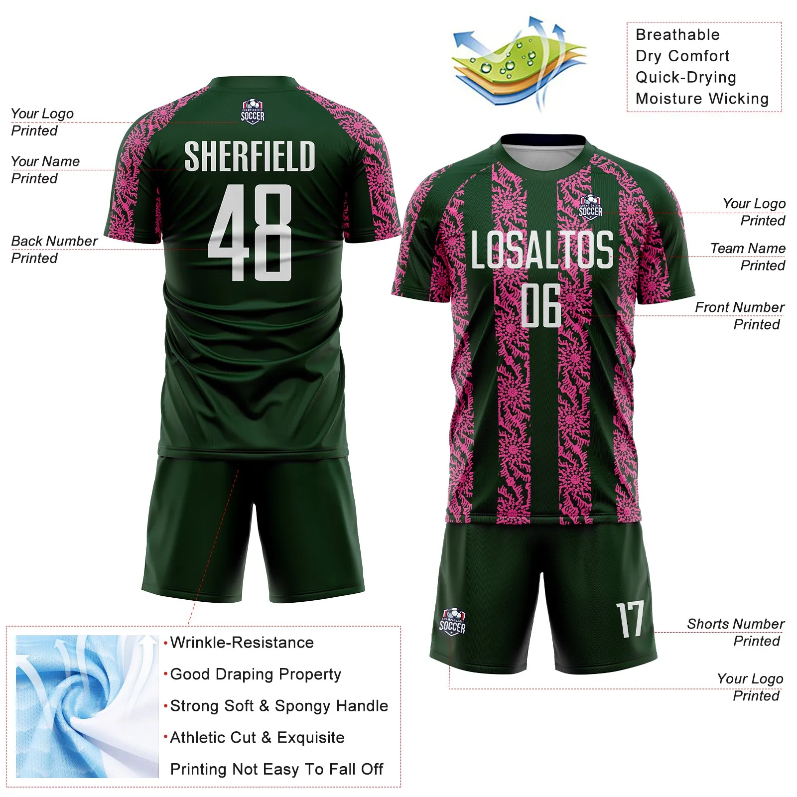 Custom Green White-Pink Abstract Shape Sublimation Soccer Uniform Jersey