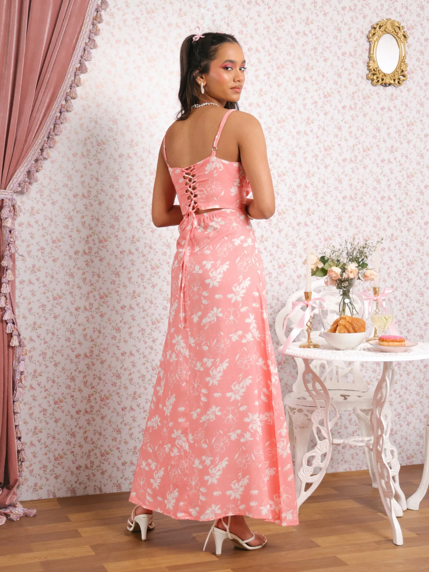 Custom Printed Bustier Deatiled Midi Dress