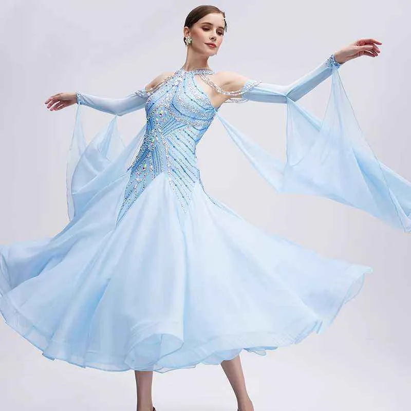 Custom Size Light Blue Competition Ballroom Dance Dresses for Women Hollow Shoulder Waltz Tango Foxtrot Dance Long Gown