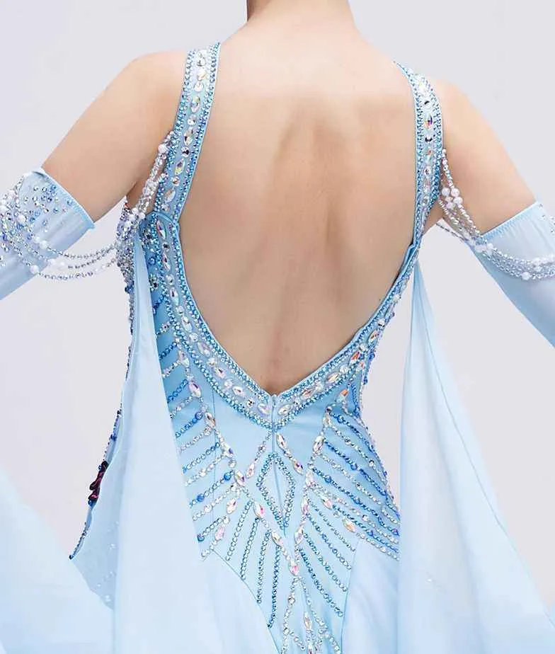 Custom Size Light Blue Competition Ballroom Dance Dresses for Women Hollow Shoulder Waltz Tango Foxtrot Dance Long Gown