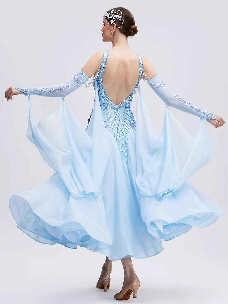 Custom Size Light Blue Competition Ballroom Dance Dresses for Women Hollow Shoulder Waltz Tango Foxtrot Dance Long Gown