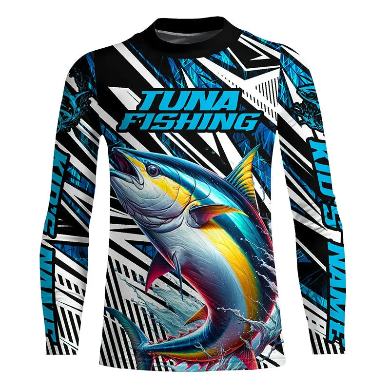 Custom Yellowfin Tuna Long Sleeve Tournament Fishing Shirts, Tuna Fishing Jerseys | Blue Camo IPHW6125