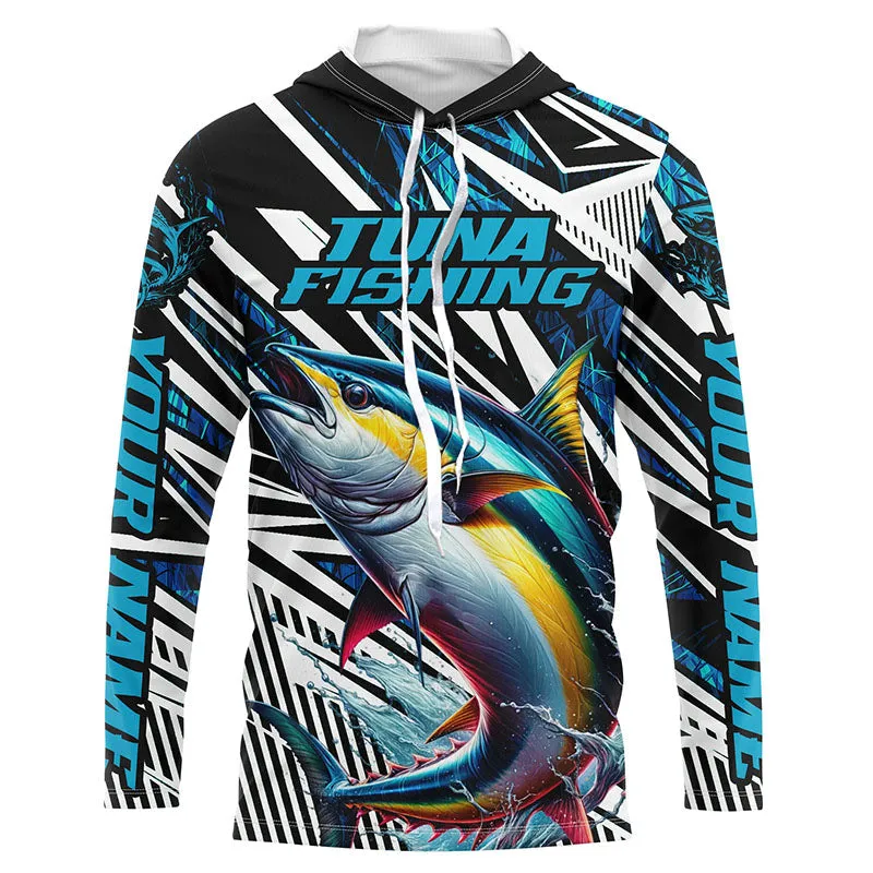 Custom Yellowfin Tuna Long Sleeve Tournament Fishing Shirts, Tuna Fishing Jerseys | Blue Camo IPHW6125