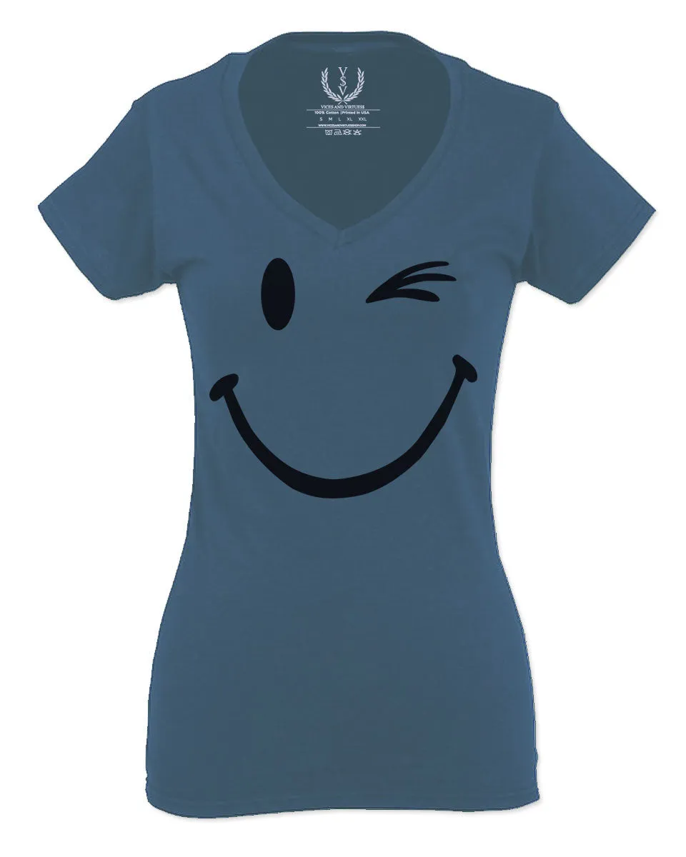 Cute Graphic Happy Funny Blink Smile Smiling face Positive For Women V neck fitted T Shirt