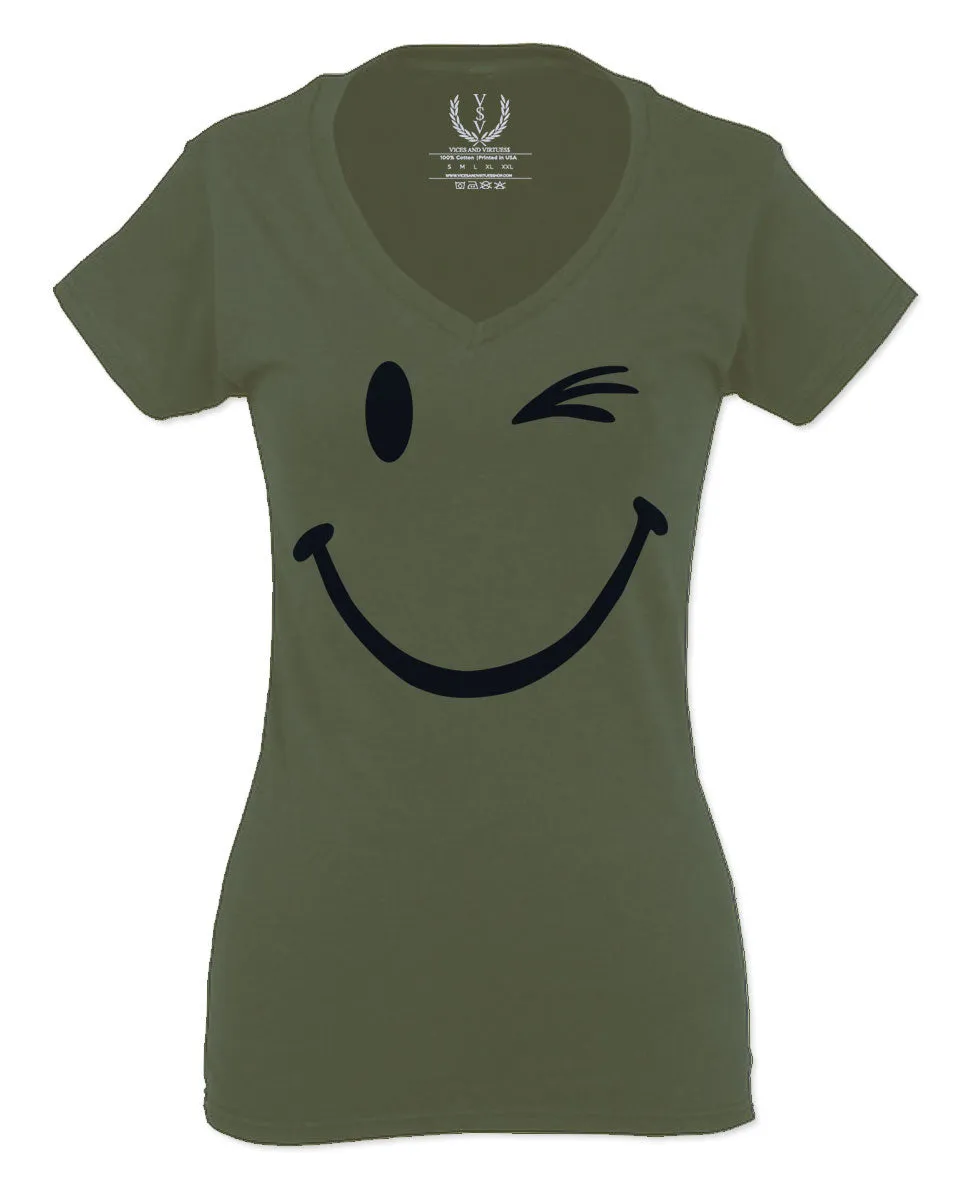 Cute Graphic Happy Funny Blink Smile Smiling face Positive For Women V neck fitted T Shirt