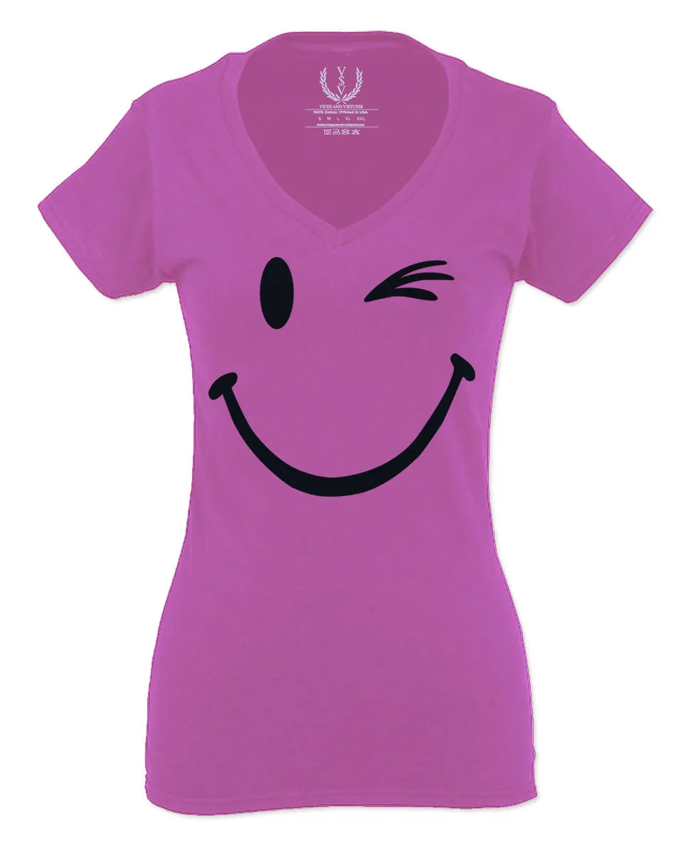 Cute Graphic Happy Funny Blink Smile Smiling face Positive For Women V neck fitted T Shirt