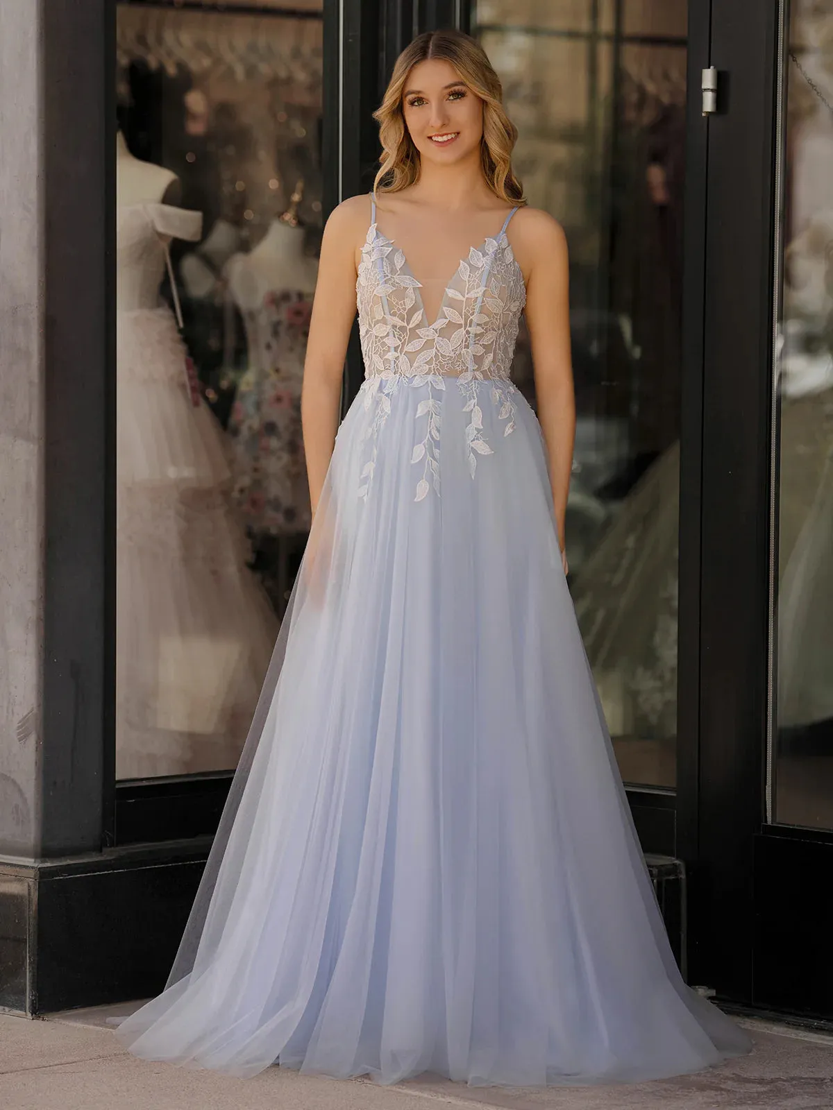 Cynthia | Light Blue V Neck Lace-Up Appliques Tulle Long Prom Dress