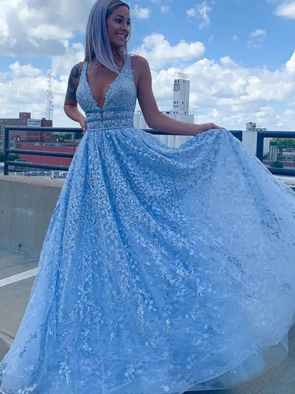 Deep V Neck Light Blue Lace Long Prom Dresses, Light Blue Lace Formal Graduation Evening Dresses