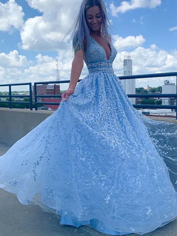 Deep V Neck Light Blue Lace Long Prom Dresses, Light Blue Lace Formal Graduation Evening Dresses