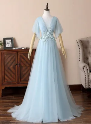 Deep V Neck Open Back Short Sleeves Floral Lace Light Blue Long Prom, Short Sleeves Light Blue Formal Evening