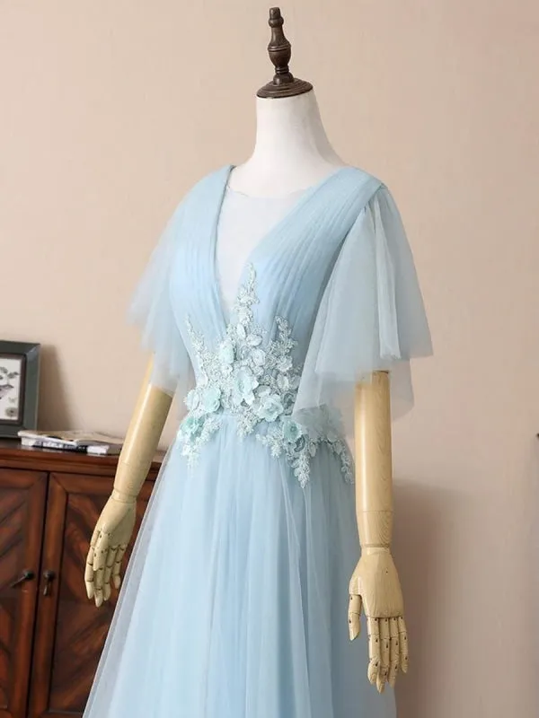 Deep V Neck Open Back Short Sleeves Floral Lace Light Blue Long Prom, Short Sleeves Light Blue Formal Evening