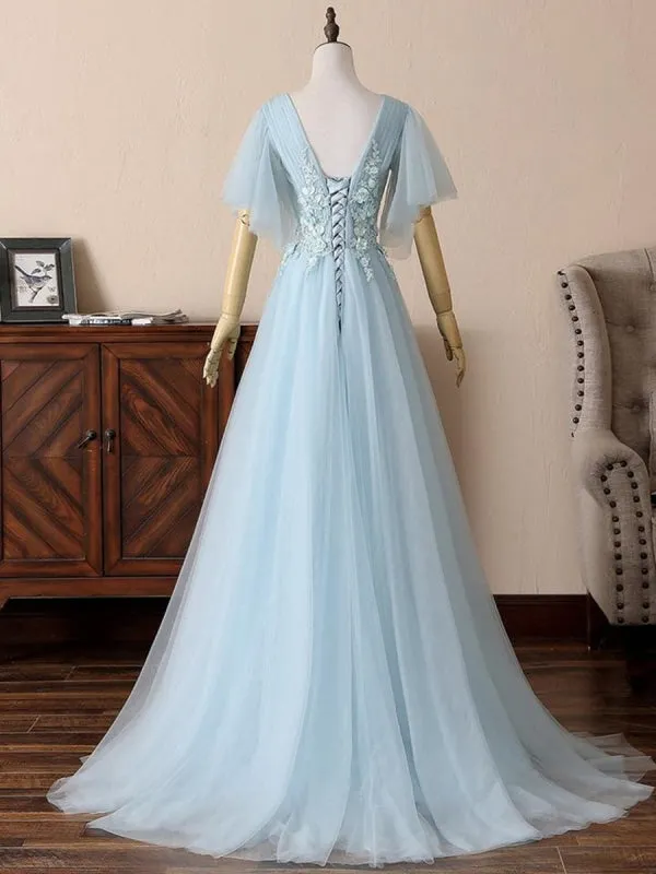 Deep V Neck Open Back Short Sleeves Floral Lace Light Blue Long Prom, Short Sleeves Light Blue Formal Evening