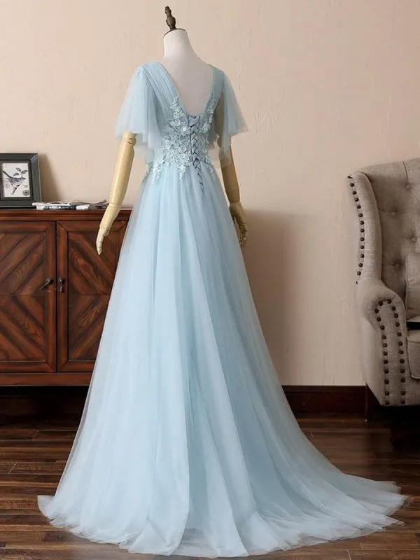 Deep V Neck Open Back Short Sleeves Floral Lace Light Blue Long Prom, Short Sleeves Light Blue Formal Evening
