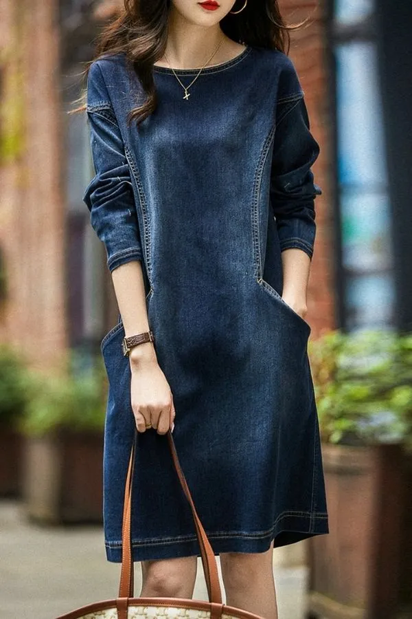 Denim Solid Color Midi Dress