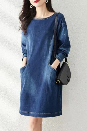 Denim Solid Color Midi Dress