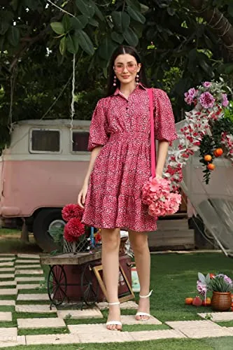 DHRUVI TRENDZ Western Dresses for Women | Short A-Line Dress for Girls | Maxi Dress for Women(Pink_L) (Medium, Red)