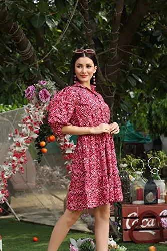 DHRUVI TRENDZ Western Dresses for Women | Short A-Line Dress for Girls | Maxi Dress for Women(Pink_L) (Medium, Red)