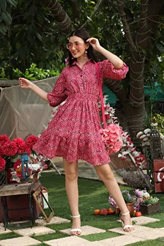 DHRUVI TRENDZ Western Dresses for Women | Short A-Line Dress for Girls | Maxi Dress for Women(Pink_L) (Medium, Red)
