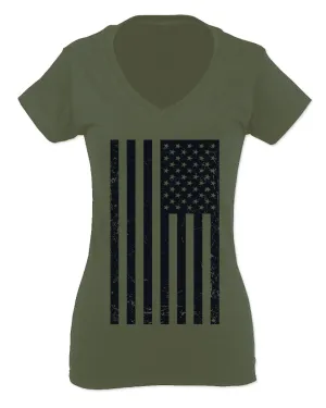 Distressed American USA United States of America Military Marine us Navy Army Big Flag For Women V neck fitted T Shirt