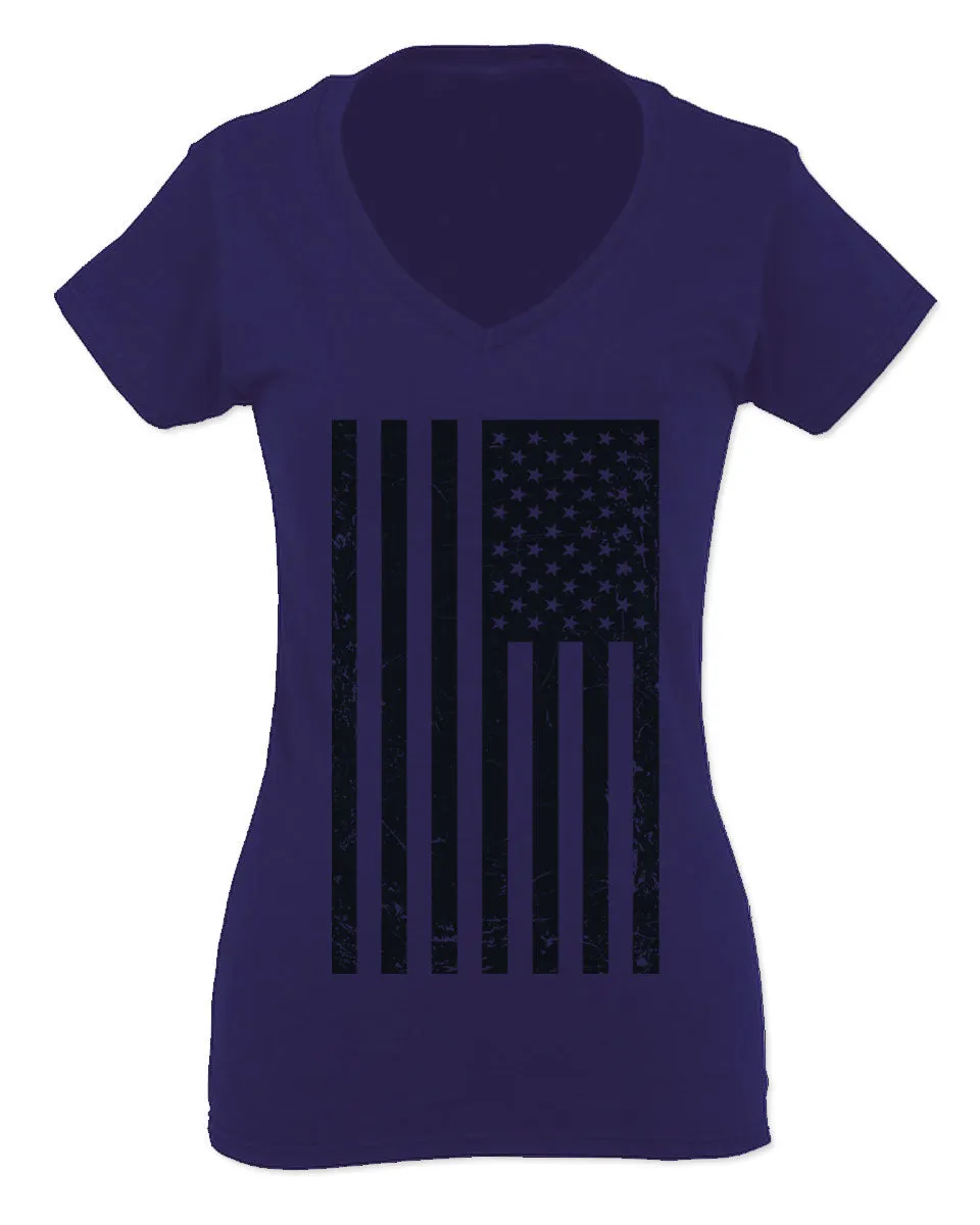 Distressed American USA United States of America Military Marine us Navy Army Big Flag For Women V neck fitted T Shirt