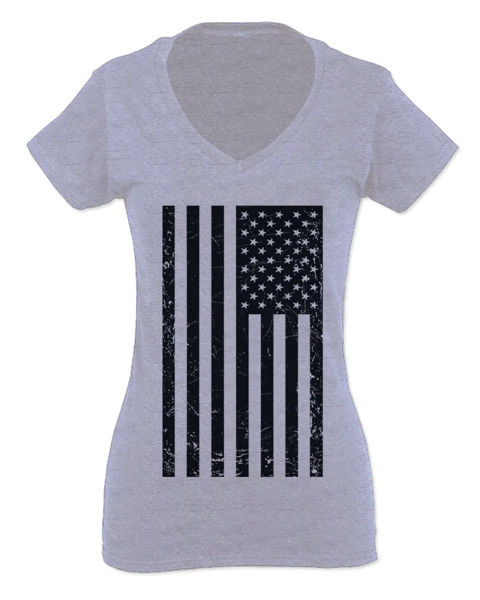 Distressed American USA United States of America Military Marine us Navy Army Big Flag For Women V neck fitted T Shirt