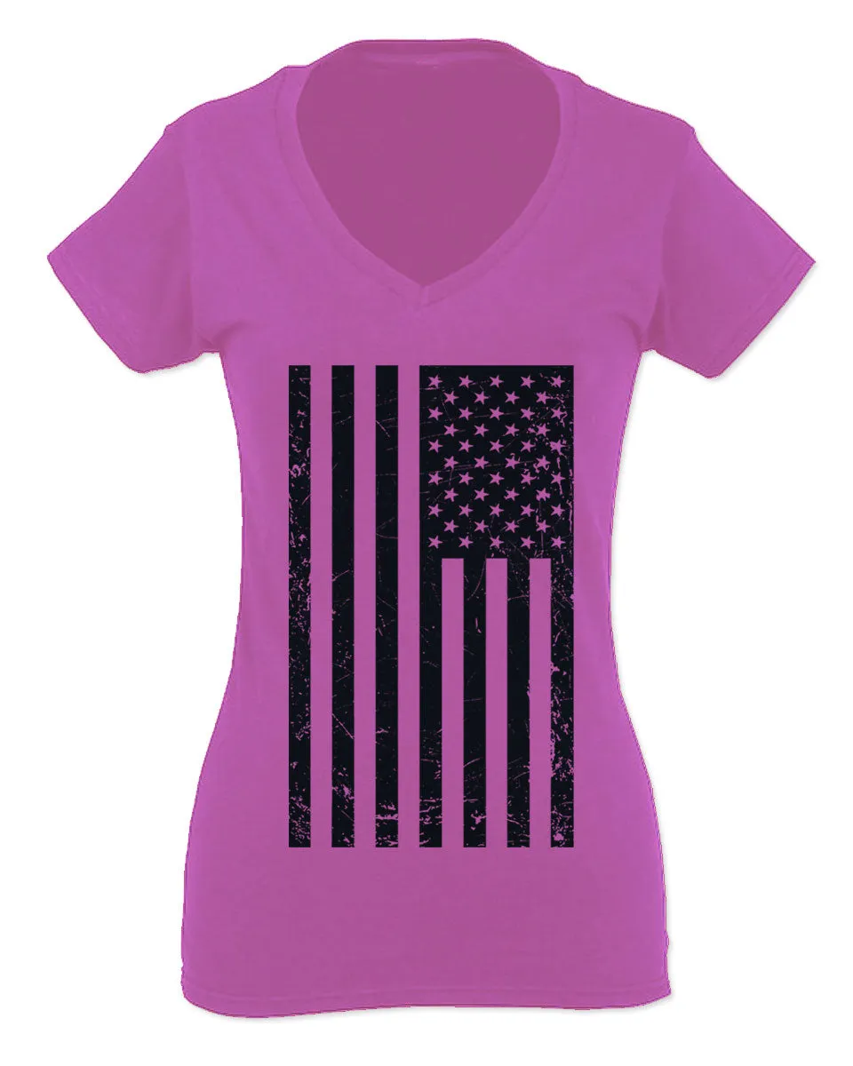 Distressed American USA United States of America Military Marine us Navy Army Big Flag For Women V neck fitted T Shirt