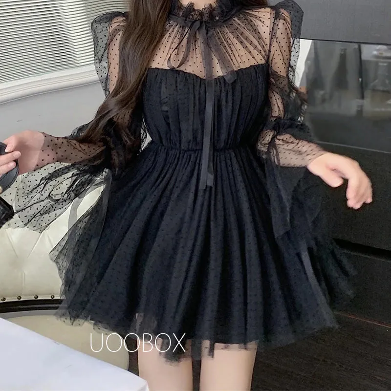 Dot Mesh Bow Fairy Dress UB6252