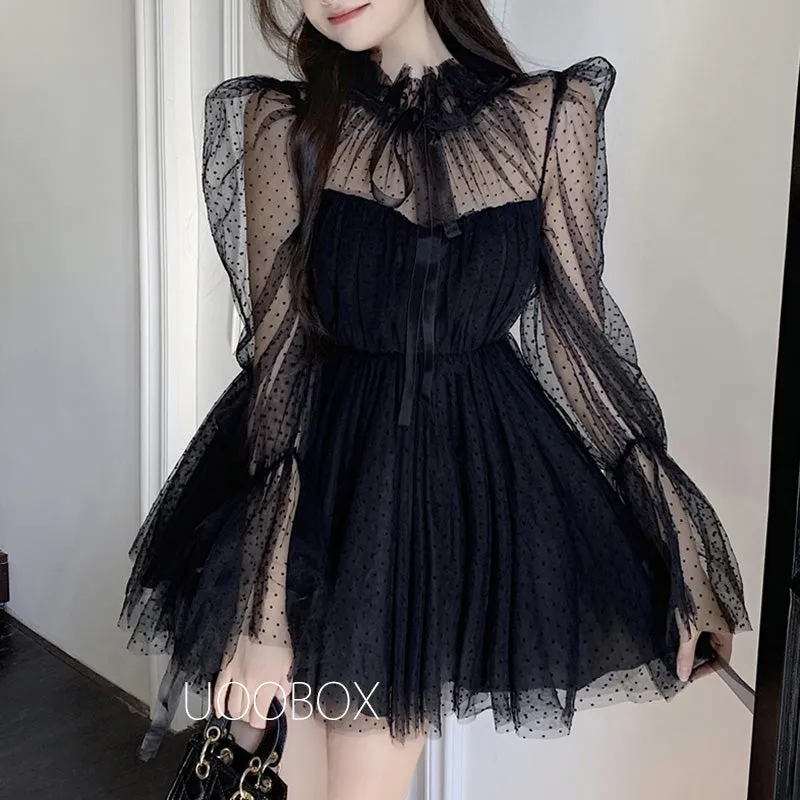 Dot Mesh Bow Fairy Dress UB6252
