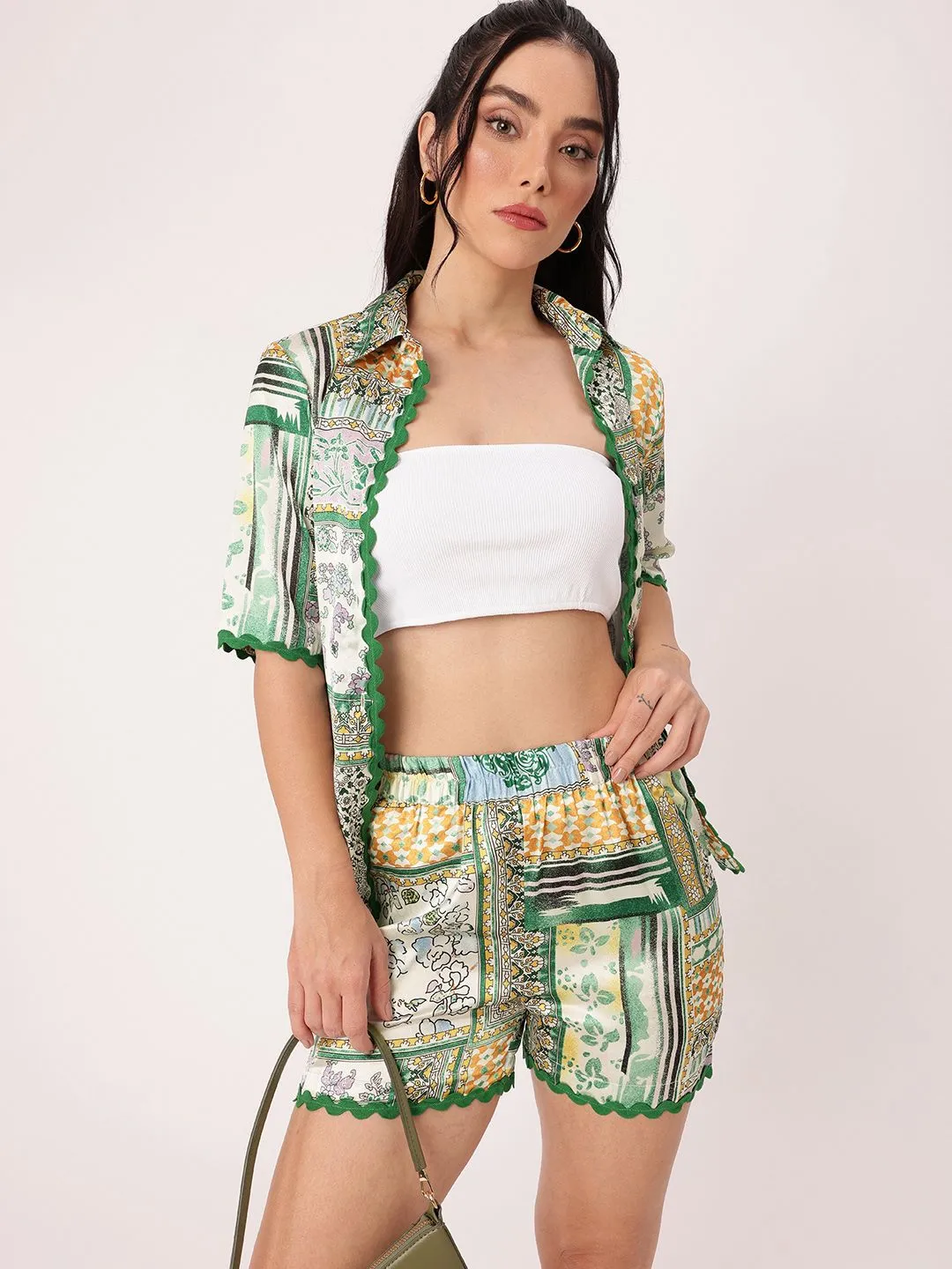 DressBerry Boho Bliss Printed Shirt With Trousers & Tube Top