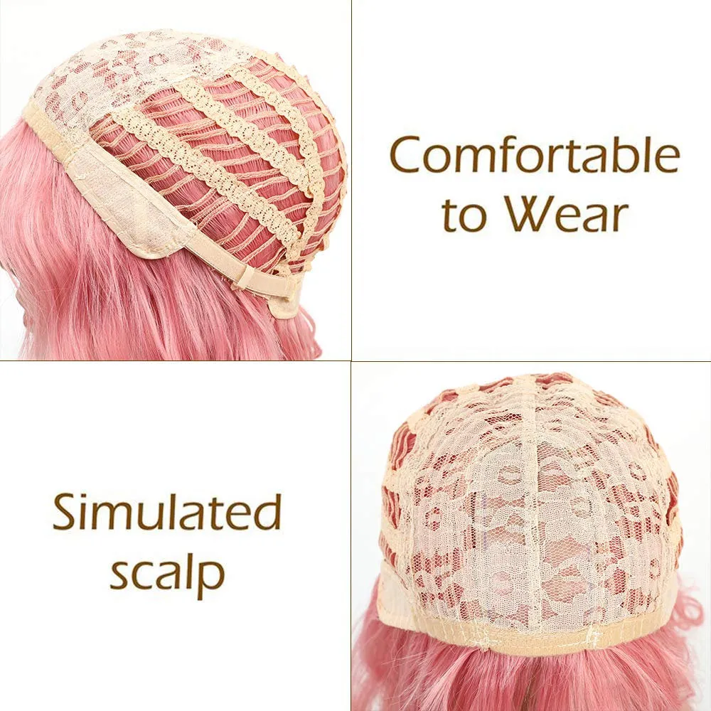 Dusty Rose Pink 14" Wig with Air Bangs, Hand Dyed Synthetic Water Wave Wig, Anime Cosplay Hair, Pink Medium Shoulder Length Synthetic Hair