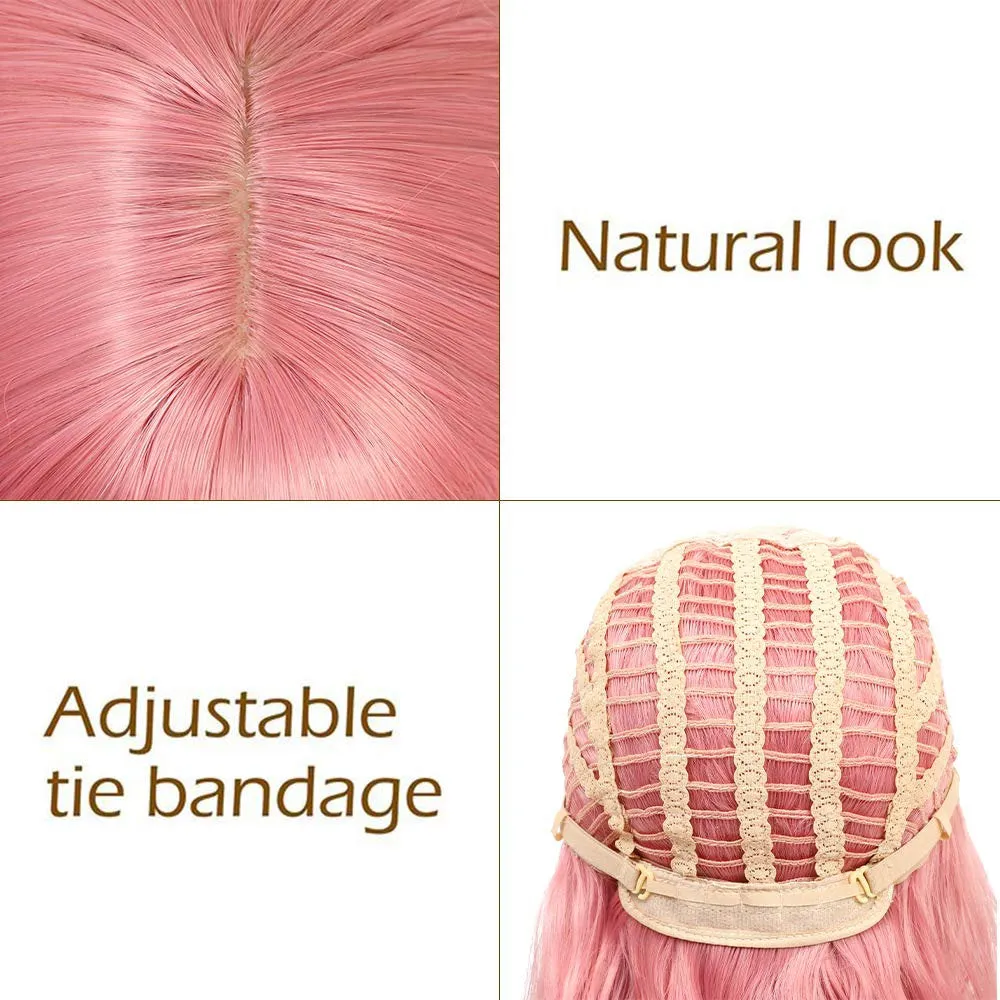 Dusty Rose Pink 14" Wig with Air Bangs, Hand Dyed Synthetic Water Wave Wig, Anime Cosplay Hair, Pink Medium Shoulder Length Synthetic Hair