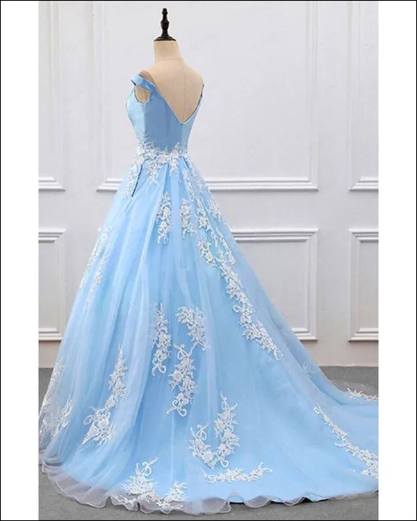 Elegant Light Sky Blue Prom Dresses with White Lace Ruffles Long Party Gowns Real Image
