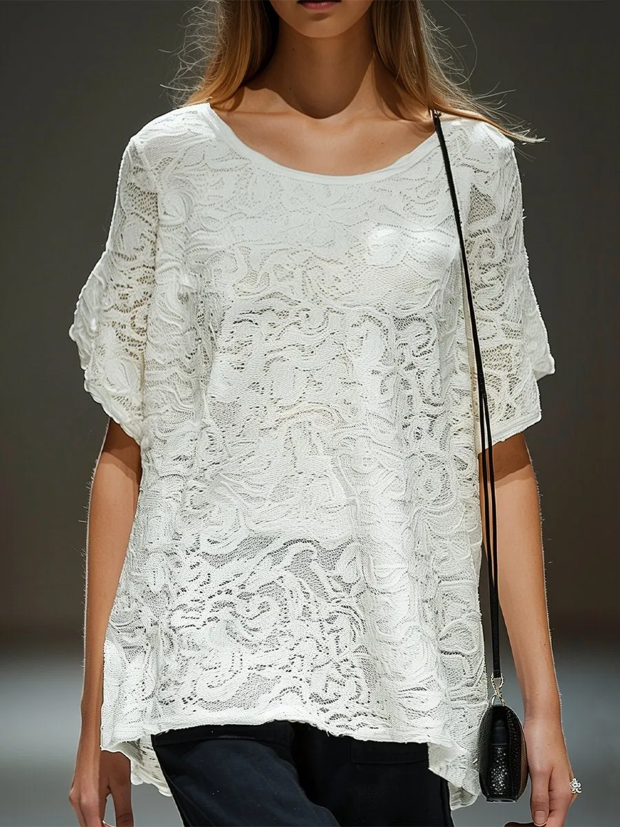 Elegant Round Neck Short Sleeve Lace T-shirt