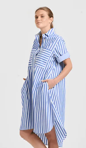 Evie Short Sleeve Shirtdress - Mid Blue Stripe
