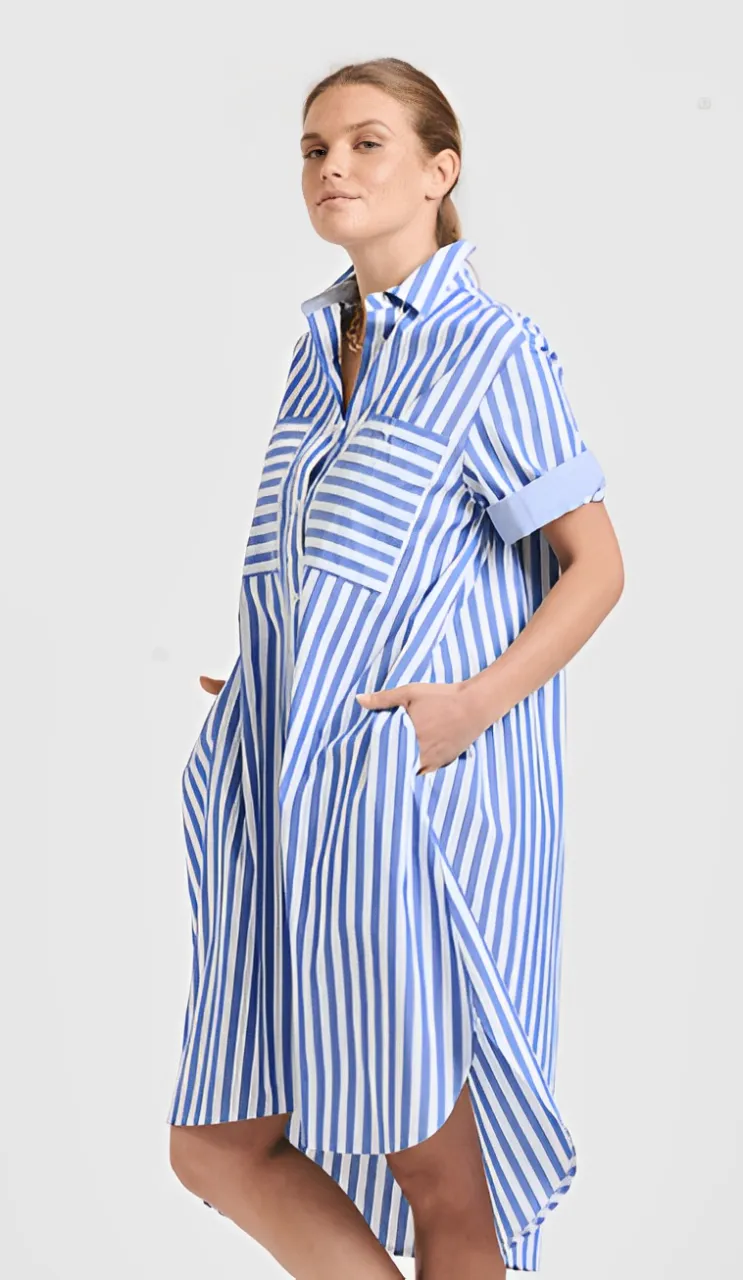 Evie Short Sleeve Shirtdress - Mid Blue Stripe